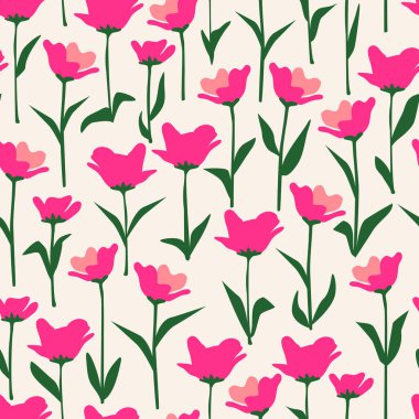 Yeşil yapraklı sevimli pembe çiçekler beyaz arkaplanda kusursuz vektör deseni çizimi