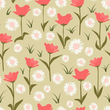 şirin kırmızı çiçekler ve beyaz papatya çiçekleri yeşil arkaplanda kusursuz vektör deseni çizimi