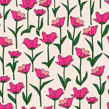 Yeşil yapraklı sevimli pembe çiçekler. Kusursuz vektör desenli arkaplan çizimi.