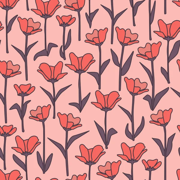 cute red flowers with purple leaves seamless vector pattern illustration on pastel pink background