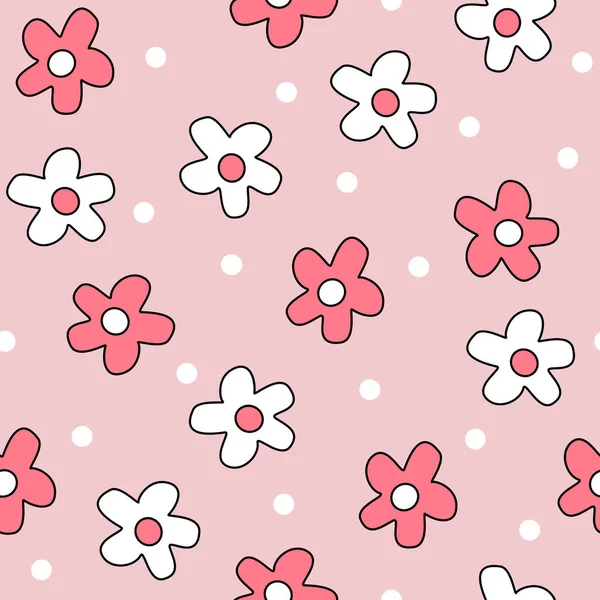 Niedlichen Weißen Und Rosa Gänseblümchen Blumen Und Punkte Nahtlose Vektormuster — Stockvektor