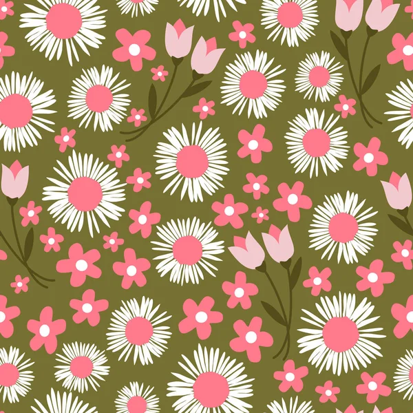 Roztomilý Bílé Růžové Sedmikrásky Květiny Tulipány Bezešvé Vektorové Vzor Ilustrace — Stockový vektor