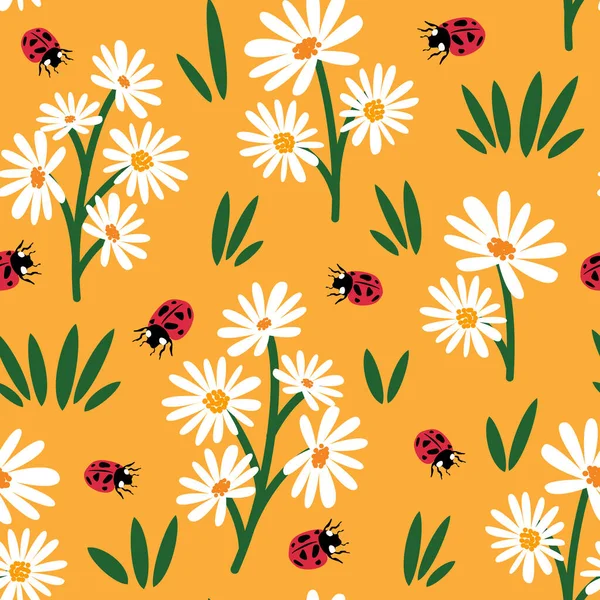 stock vector cute white daisy flowers and red ladybugs seamless vector pattern illustration on yellow background