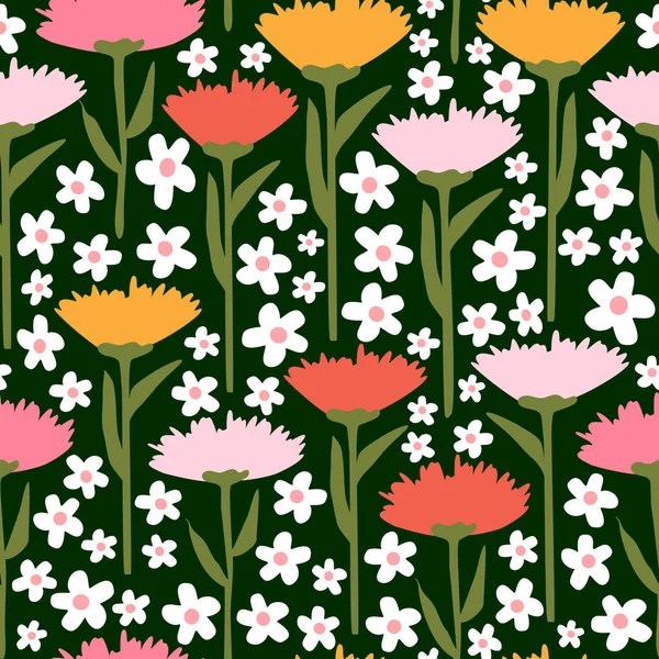 Lindo Coloridas Flores Dibujadas Mano Flores Margarita Blanca Patrón Vectores — Archivo Imágenes Vectoriales