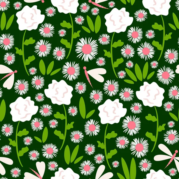 Lindo Patrón Vector Inconsútil Vibrante Ilustración Con Flores Blancas Libélulas — Archivo Imágenes Vectoriales