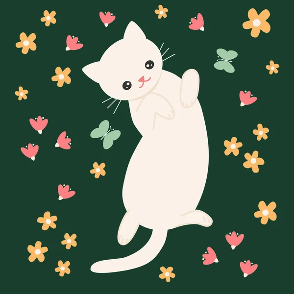 Ładny Piękny Kreskówka Postać Kot Łące Kwiaty Ręcznie Rysowane Ilustracja — Wektor stockowy