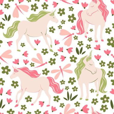 Şirin çizgi film karakteri eli pembe ve yeşil tek boynuzlu atlar dikdörtgen vektör desenli arkaplan çizimi papatya çiçekleri ve yusufçuklar