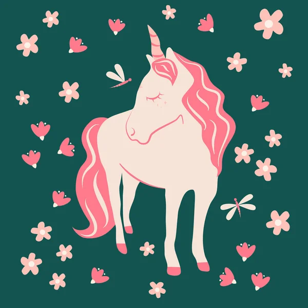 Drăguț Desene Animate Desenate Unicorn Flori Roz Libelule Ilustrație Vectorială — Vector de stoc