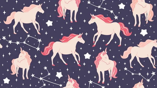 ピンクのユニコーンを描くかわいい漫画のキャラクターの手星と星座とシームレスなベクトルパターンの背景イラスト — ストックベクタ
