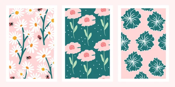 Drăguț Modă Desenat Manual Poster Botanic Set Flori Stil Modern — Vector de stoc