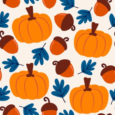 Sevimli renkli el, turuncu kabaklar, mavi yapraklar ve meşe palamudu ile renksiz vektör desenli arkaplan çizimi