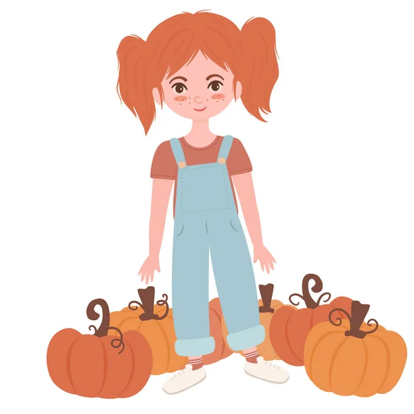 Cute Hand Drawn Cartoon Character Kid Girl Pumpkins Funny Vector — Stock Vector