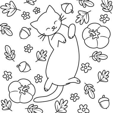 Sevimli çizgi film karakteri el çizimi balkabağı, yaprak, çiçek ve meşe palamudu renkli sanat için siyah beyaz vektör çizimi