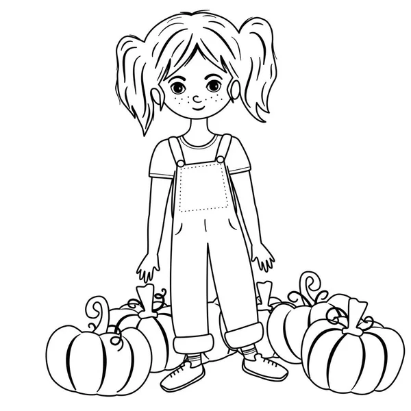 Carino Disegnato Mano Personaggio Dei Cartoni Animati Bambina Con Zucche — Vettoriale Stock