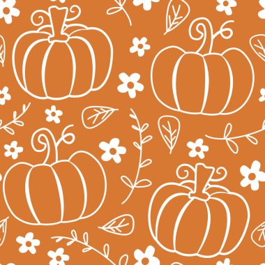 Şirin el çizimi, turuncu ve beyaz balkabakları, papatya çiçekleri ve yapraklarıyla kusursuz vektör desenli arkaplan çizimi