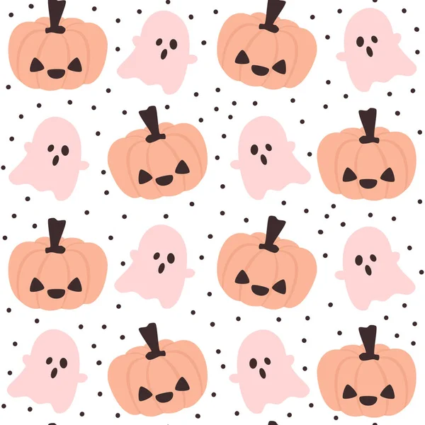Lindo Dibujado Mano Dibujos Animados Calabazas Halloween Fantasmas Rosados Patrón — Vector de stock