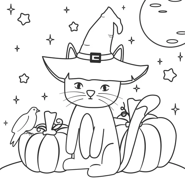 귀여운 그려진 캐릭터 고양이 마법사 모자와 예술에 할로윈 일러스트 — 스톡 벡터
