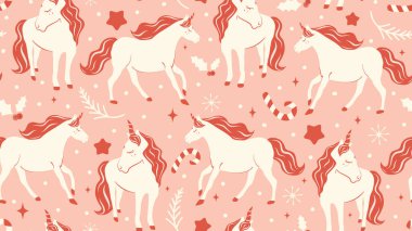 Kırmızı ve beyaz tek boynuzlu atlar, ökseotu, kar taneleri, yıldızlar ve köknar dallarıyla Noel arkaplan çizimi