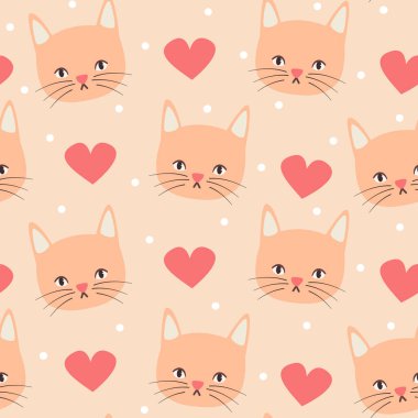 Sevimli el çizimi komik çizgi film karakteri kedi yüzü pürüzsüz vektör desenli arkaplan çizimi kalp ve noktalarla