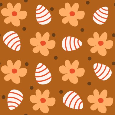 Beyaz ve kırmızı çizgili yumurta, sarı papatya çiçekleri ve kahverengi noktalı şirin paskalya renksiz vektör deseni çizimi