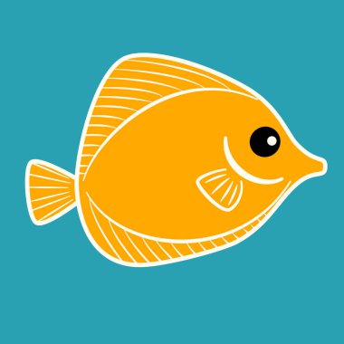 Mavi arka planda izole edilmiş şirin el çizimi çizgi film karakteri sarı balık vektörü çizimi