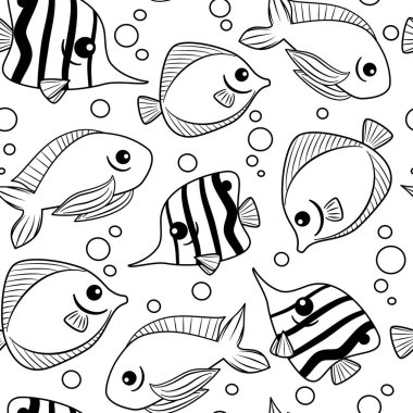 Sevimli el, renklendirme sanatı için balıklarla siyah ve beyaz renksiz vektör desenli arkaplan çizimi