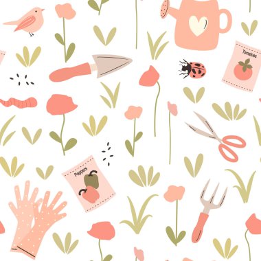Şirin bir el çizimi ilkbaharda çiçek, bahçe aletleri, solucan, uğur böceği, sebze tohumu, kuş ve çimen içeren dikişsiz vektör deseni çizimi
