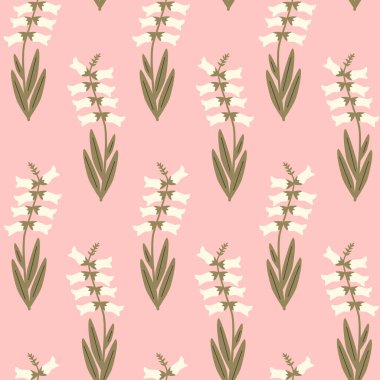 şirin soyut basit el çizimi pürüzsüz vektör deseni çizimi pembe arka planda beyaz çan çiçekleri