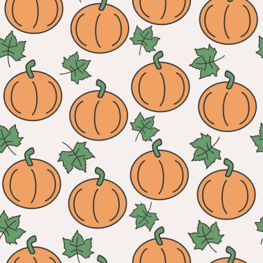 Sevimli el çizilmiş sonbahar sonbaharı kusursuz vektör desenli balkabağı ve yapraklı arkaplan çizimi