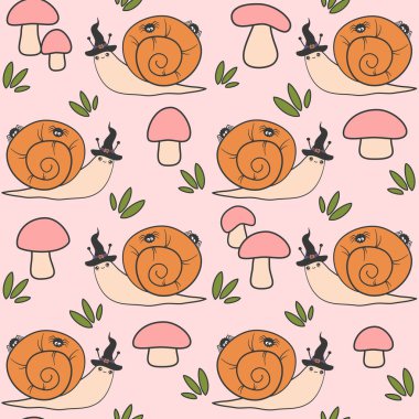 Cadı şapkalı salyangoz ve siyah örümcekli, mantarlı ve pembe arkaplanlı yapraklı, cadılar bayramı kusursuz vektör desenli şirin el çizimi.