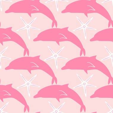Şirin el çizimi pembe yunus ve beyaz denizyıldızı kusursuz vektör desenli arkaplan çizimi