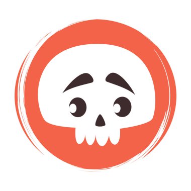 Çizgi film karakteri insan kafatasına sahip şirin logo veya ikon vektörü endişeli ifade, sosyal medya hikayesi için daire üzerinde illüstrasyon ve vurgular