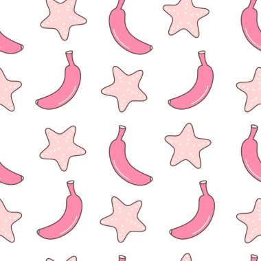 Şirin el, soyut pembe muz ve denizyıldızı renksiz vektör desenli arkaplan çizimi