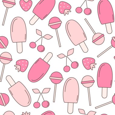 Tatlı el çizimi yaz mevsimi renksiz vektör desenli arkaplan çizimi dondurma, lolipop, kiraz ve çilekli