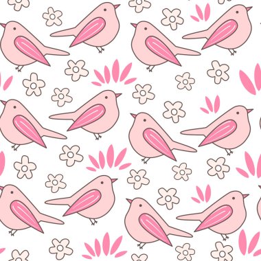 Şirin bir el, pembe kuşlar, çimenler ve papatya çiçekleriyle renksiz vektör desenli arkaplan çizimi.