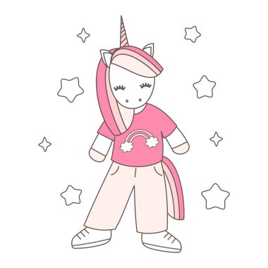 Sevimli el çizimi çizgi film karakteri tek boynuzlu at pembe tişörtlü komik vektör çizimi