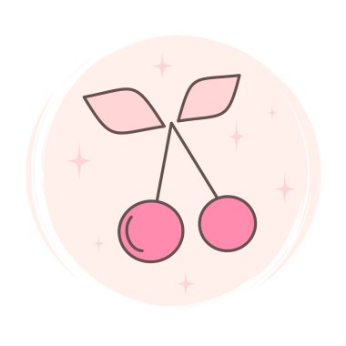Şirin el çizimi pembe kiraz ikonu logo vektör çizimi sosyal medya hikayeleri için fırça desenli daire üzerinde yıldızlı hikaye vurgusu