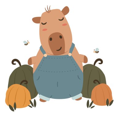 Tatlı el çizimi çizgi film karakteri Capybara 'nın sonbahar tatilleri için komik bir şükran günü vektör çizimi.