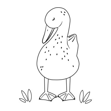Sevimli el çizimi siyah beyaz çizgi film karakteri ördek vektör çizimi beyaz arka planda renklendirme sanatı için izole