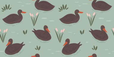 Şirin el çizimi çizgi film karakteri kahverengi ördek gölde kusursuz vektör desenli arkaplanda yüzüyor.