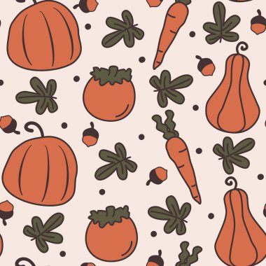 Şirin bir el çizimi sonbahar mevsimi portakal kabakları, havuçlar, hurma ağaçları, meşe palamutları, yaprakları ve noktalarla kusursuz vektör desenli arkaplan çizimi