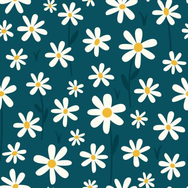 Şirin bir el çizilmiş beyaz papatya çiçekleri, deniz mavisi arkaplanındaki kusursuz vektör deseni çizimi.