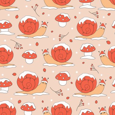 Sevimli el çizimi çizgi film karakteri salyangoz Noel Baba şapkalı komik noel arkaplan çizimi kırmızı mantarlı, kar taneli ve dutlu tatiller için arkaplan çizimi