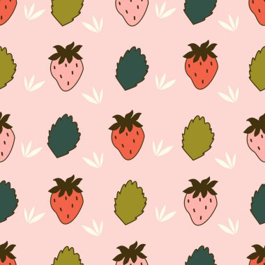Güzel bir el pembe ve kırmızı çilekler ve yeşil yapraklar çizilmiş. Kusursuz vektör desenli arkaplan çizimi.