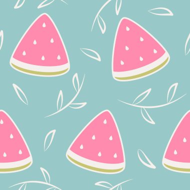 Sevimli el çizimi renksiz vektör deseni çizimi karpuz dilimi ve açık mavi arkaplanda beyaz yapraklar