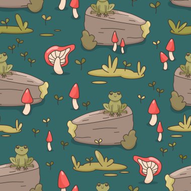 Cute hand drawn cartoon seamless vector pattern background illustration with green frogs on the rock, red mushrooms and grass clipart