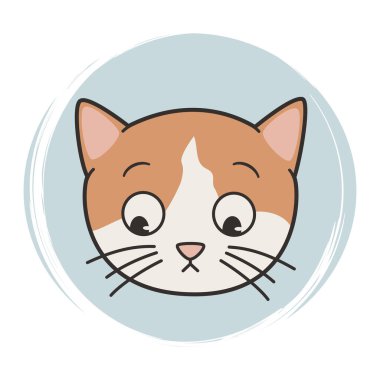 Sevimli el çizimi logo veya komik çizgi film karakteri kedisi olan ikon vektörü, sosyal medya öyküsü ve vurguları için fırça desenli mavi çember üzerinde illüstrasyon