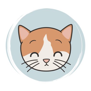 Sevimli el çizimi logo veya çizgi film karakteri gülen kedili ikon vektörü, sosyal medya öyküsü ve vurguları için fırça desenli mavi çember üzerinde illüstrasyon