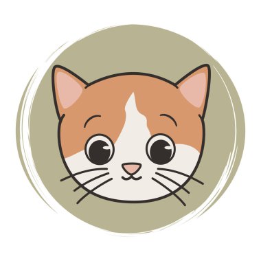 Sevimli el çizimi logo veya komik çizgi film karakteri kedisi olan ikon vektörü, sosyal medya hikayesi ve vurguları için fırça desenli yeşil çember üzerine illüstrasyon