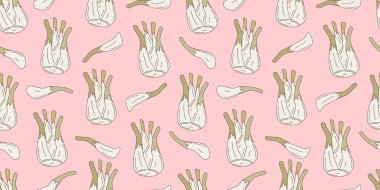 Şirin el çizimi rezene sebzeleri pembe arka planda yatay, pürüzsüz vektör deseni çizimi